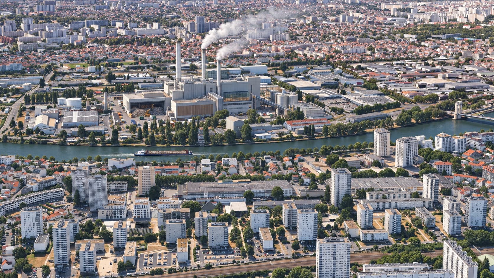 Vue aérienne illustrant une installation industrielle en bord de Seine, au milieu des quartiers d’habitation